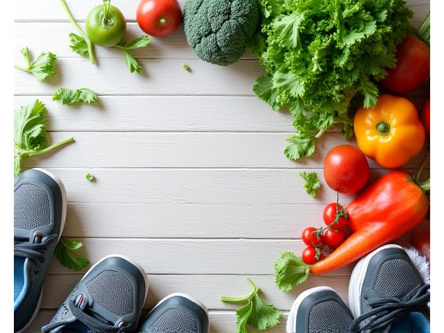 Ilustración de vegetales frescos y deportes, representando prevención de enfermedades crónicas